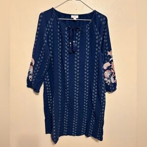 J.Jill Embroidered Boho Peasant Tunic Top Navy Blue Crinkle Gauze Size M